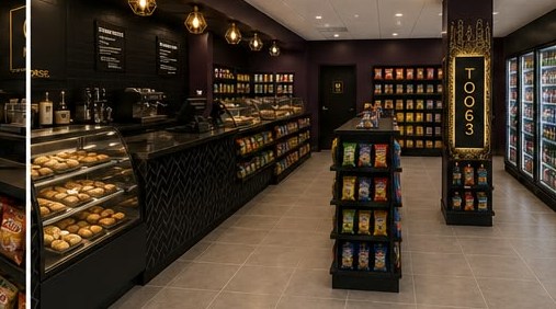 Pastry case and checkout counter at too63