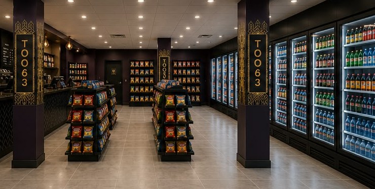 Inside too63 — snack displays, coffee counter and cooler wall